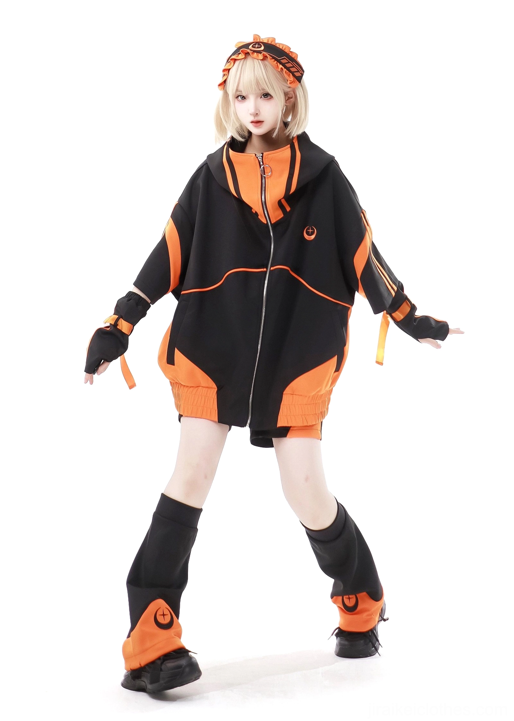Alternative color option black-green Jirai Kei short sleeve jacket with contrast trims and matching accessories styling overview