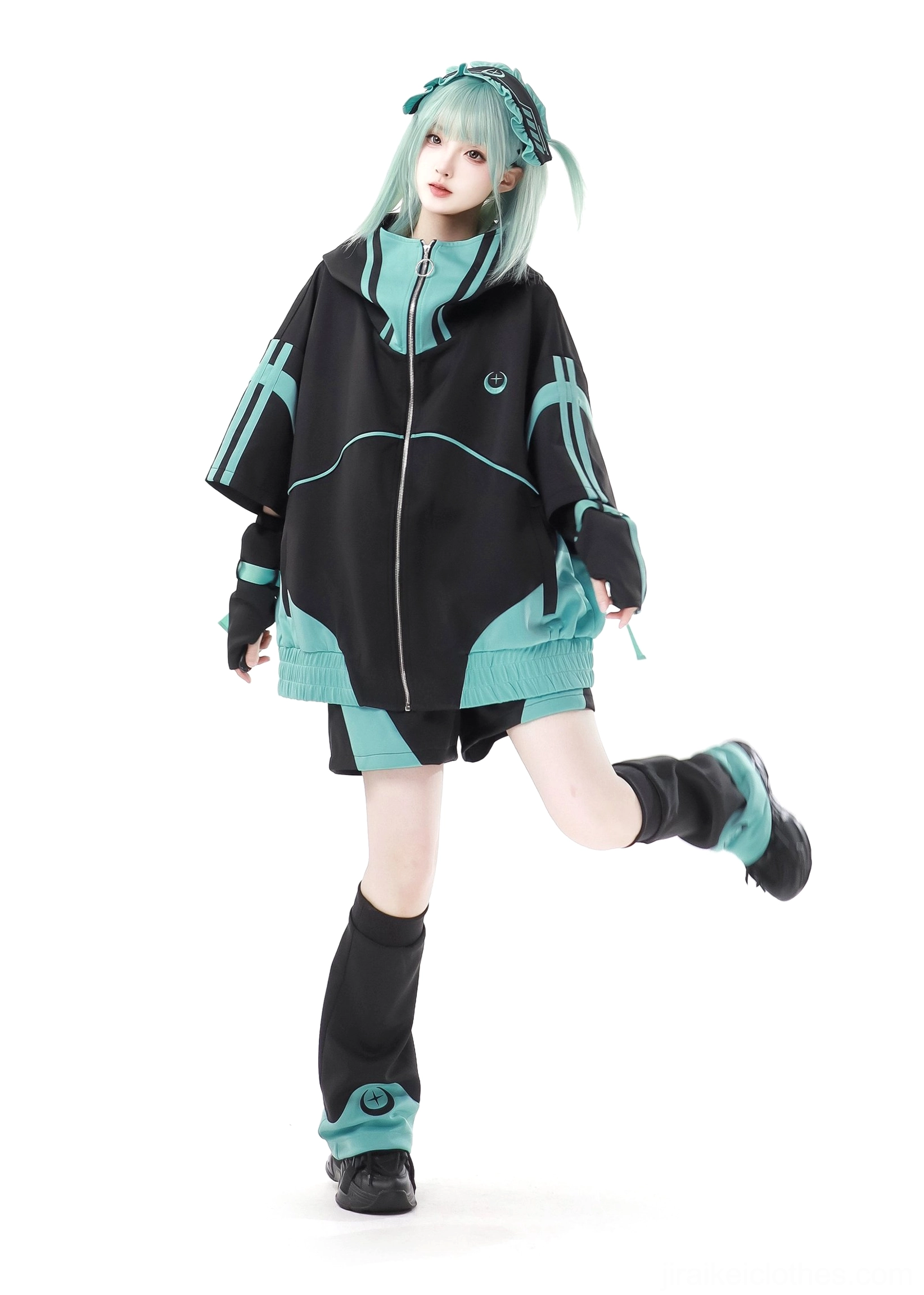 Hood construction detail of Jirai Kei short sleeve jacket showing contrast trim and elevated design elements elevated outerwear