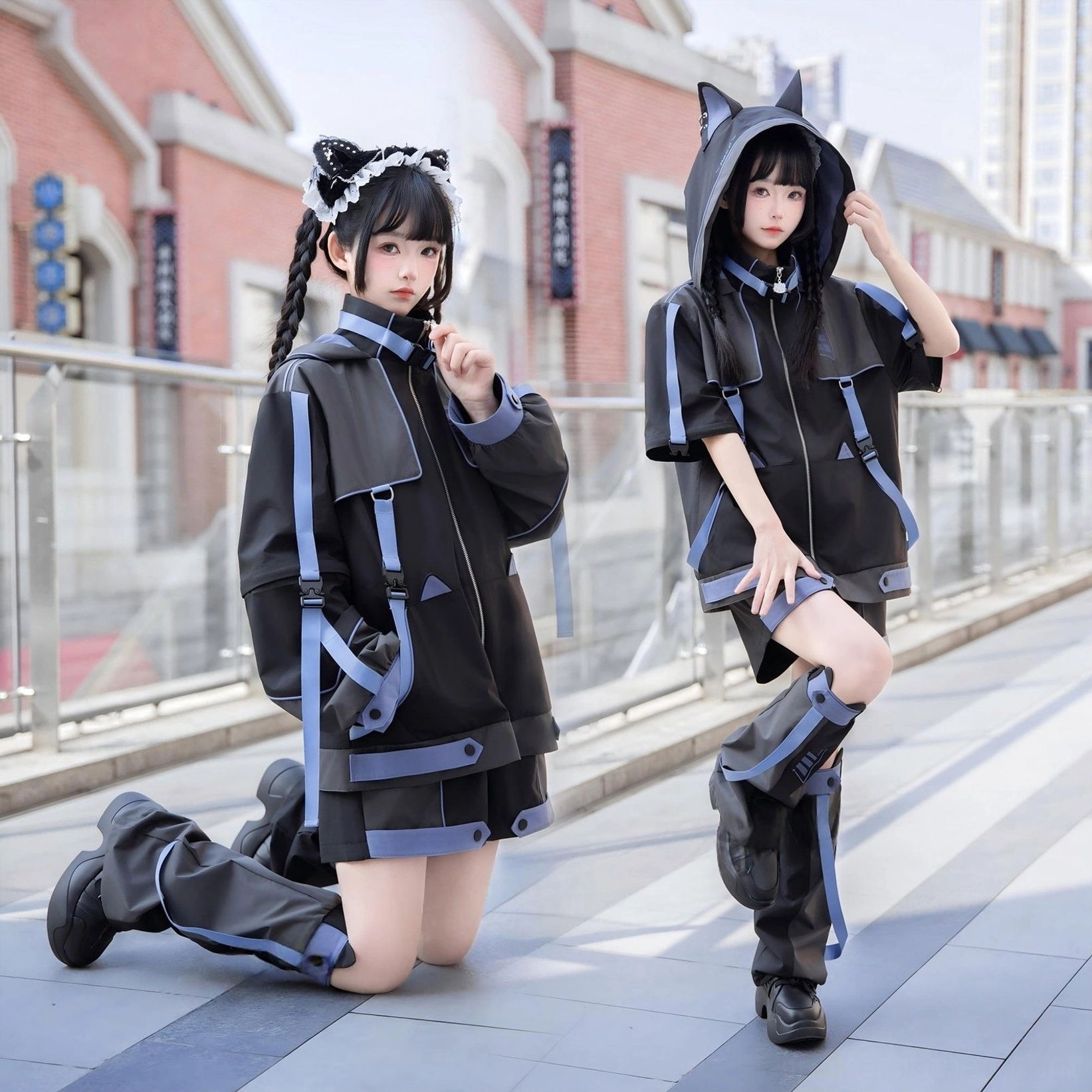 Jirai Kei techwear jacket set with removable sleeves, cat ear hood details, and modular design components for customizable subcultural styling