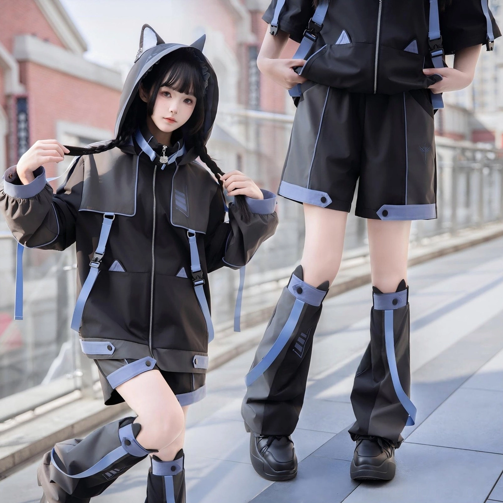 Detailed close-up of Jirai Kei techwear jacket trims, strap accents, matching black shorts and adjustable leg warmers on urban background