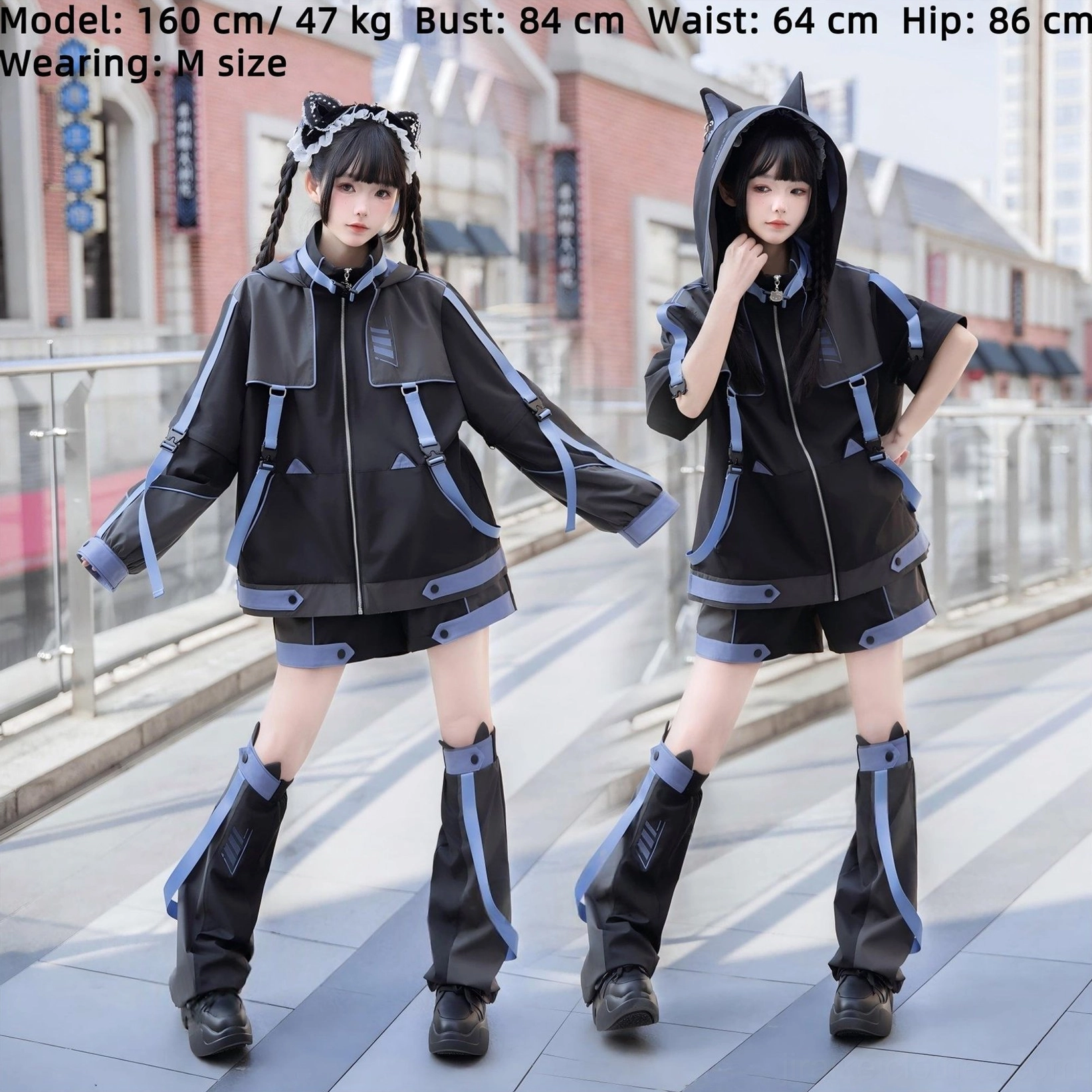 Comparison of two Jirai Kei styles side by side - left shows long-sleeve zip jacket without hood, right displays hooded removable sleeve version