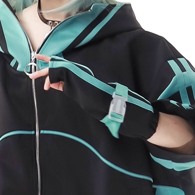 Close-up detail shot of Jirai Kei jacket collar metal zipper teal trim glove with buckle fastener and crescent moon logo embroidery