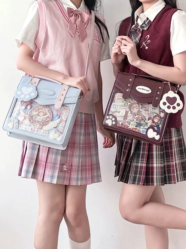 crossbody jirai kei jk ita bags side back view two girls school uniforms light blue wine red anime themed clear displays