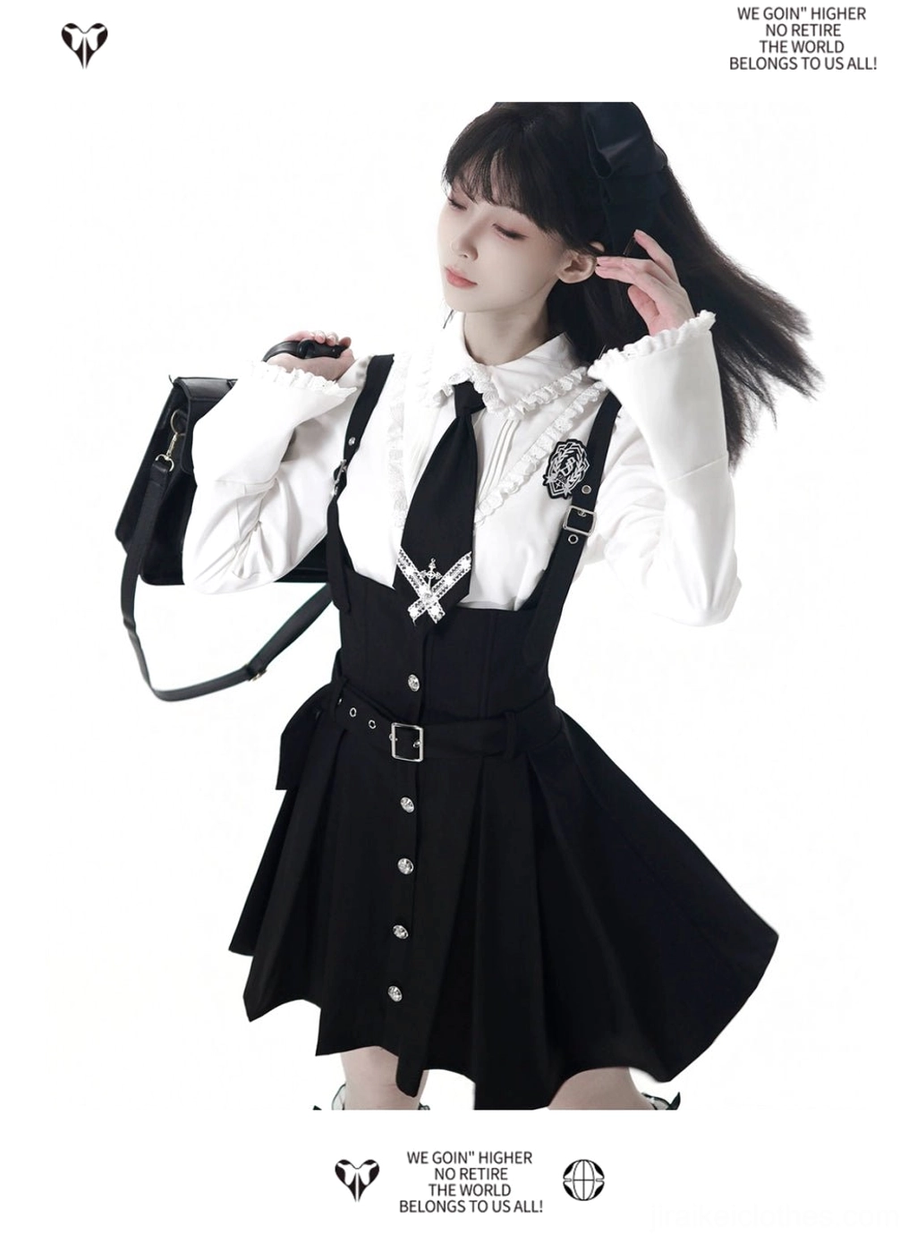 Jirai Kei JK uniform gray cross-adorned tie styling detail showing alternative color option and tie drape against white blouse fabric