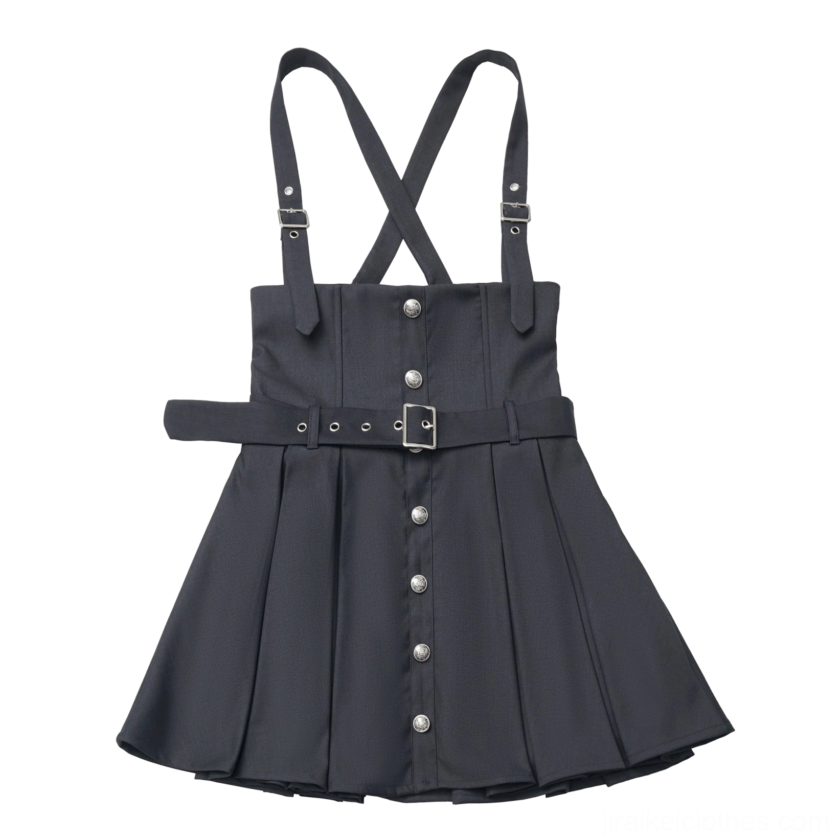Jirai Kei JK uniform gray suspender skirt display showing alternative color option, pleat pattern, suspender attachment points, and neutral tone styling versatility