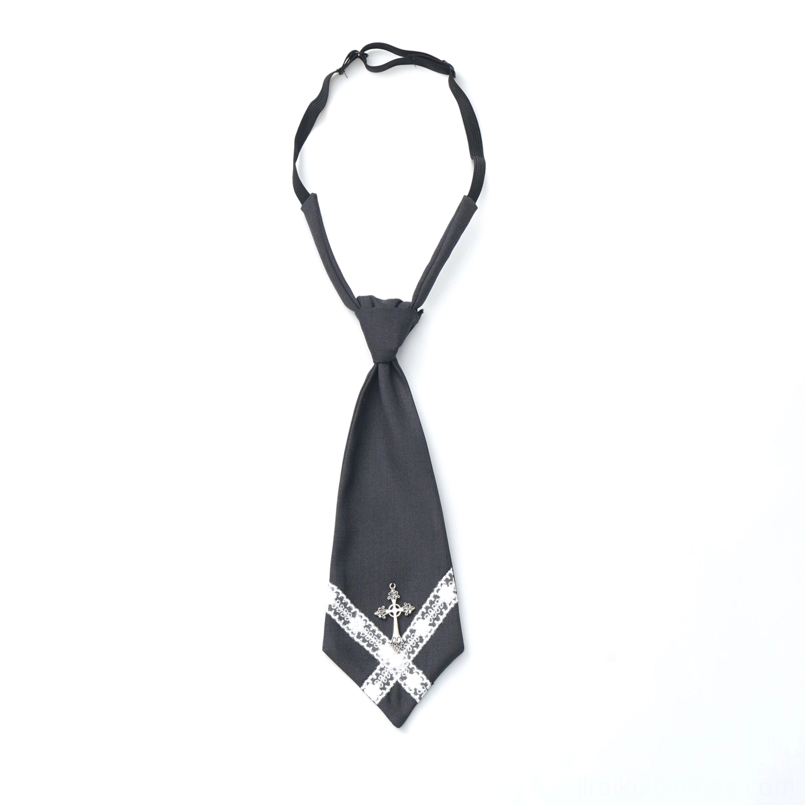 Jirai Kei JK uniform gray cross-adorned tie styling option showing alternative neutral color, elegant presentation, and tie compatibility with uniform pieces