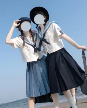 Navy and blue JK sailor school uniform ensemble side view beach setting authentic Japanese school style