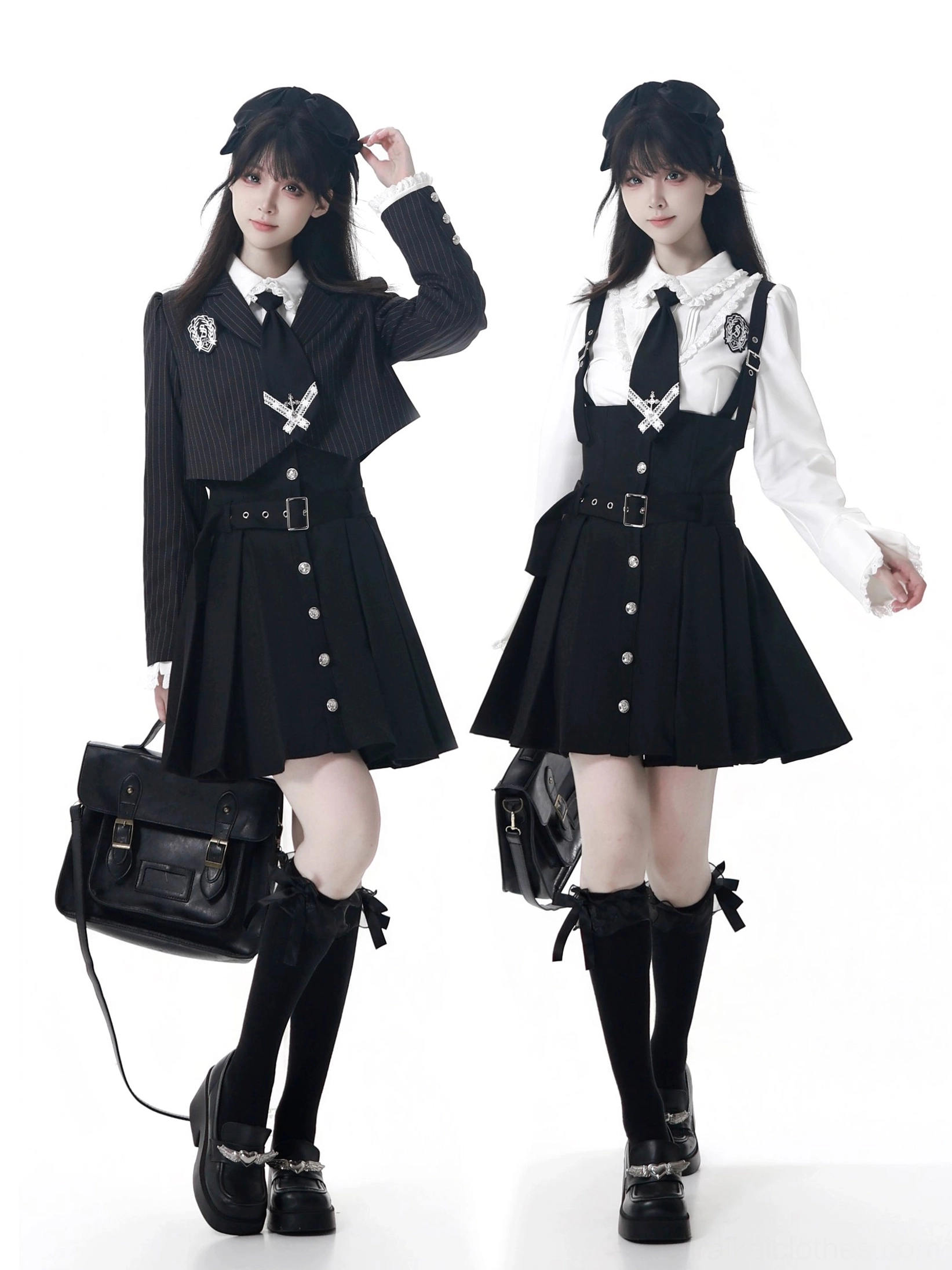 Jirai Kei JK uniform set front and side view featuring pinstriped cropped blazer, white blouse with ruffles, pleated suspender skirt, and cross-adorned tie on two female models with studio white background and leather accessories
