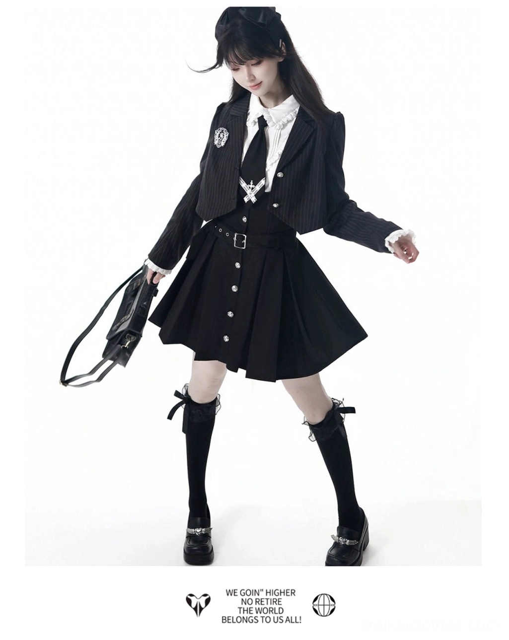 Dark academia JK uniform front three-quarter view displaying pinstriped cropped blazer, white fitted blouse with cross-adorned tie, V-shaped ruffles, and pleated skirt proportions