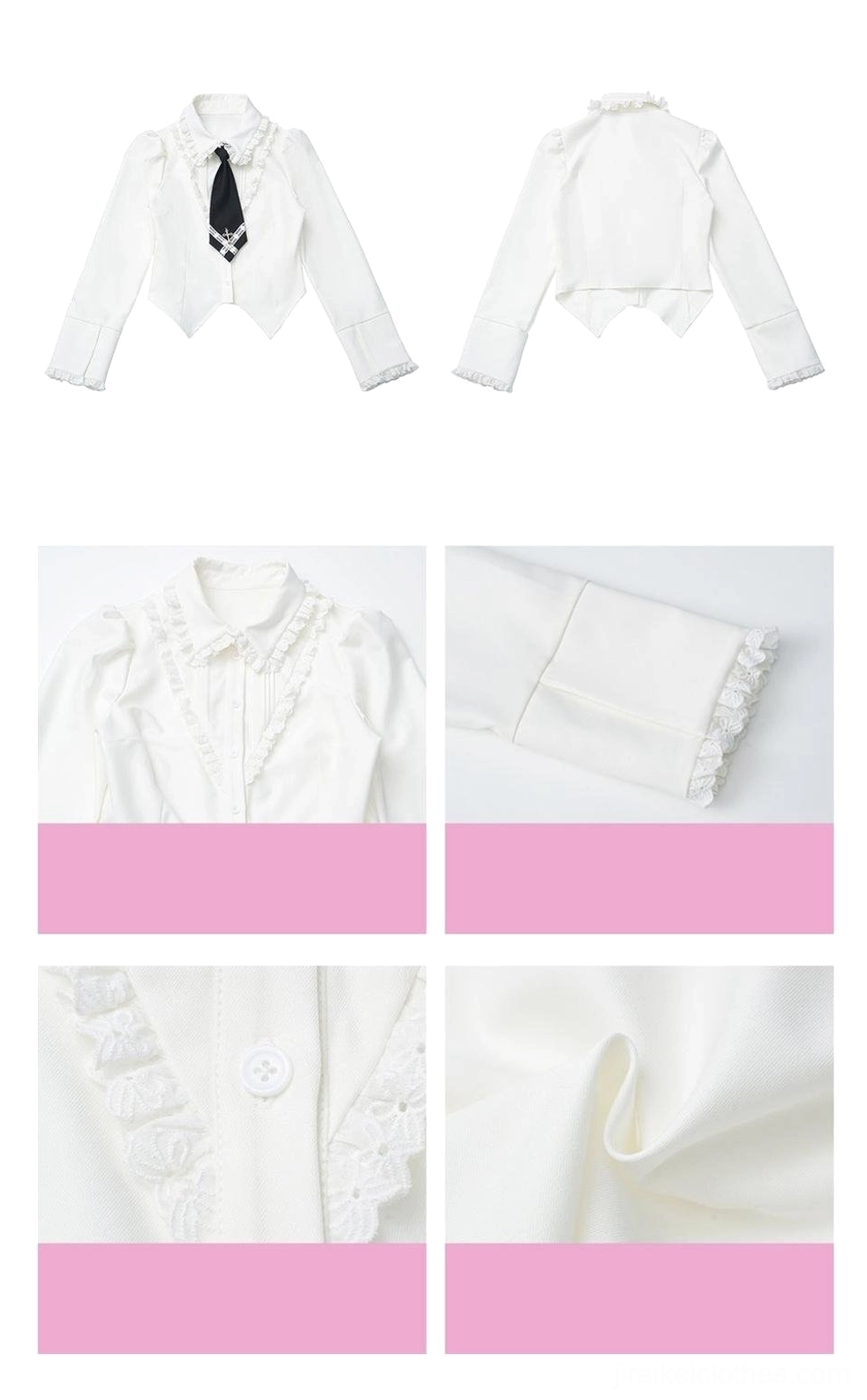 Jirai Kei JK uniform size guide with inch conversions showing shoulder width, length, bust, and waist measurements in imperial units for international customers