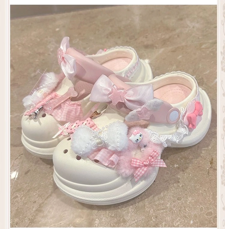 Jirai Kei kawaii clog sandals product specifications including heel height, EVA material composition, adjustable strap closure, and shipping information