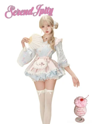 Jirai Kei kawaii kimono lolita two-piece outfit full-body front view pastel blue pink ruffled lace bow details aesthetic fashion
