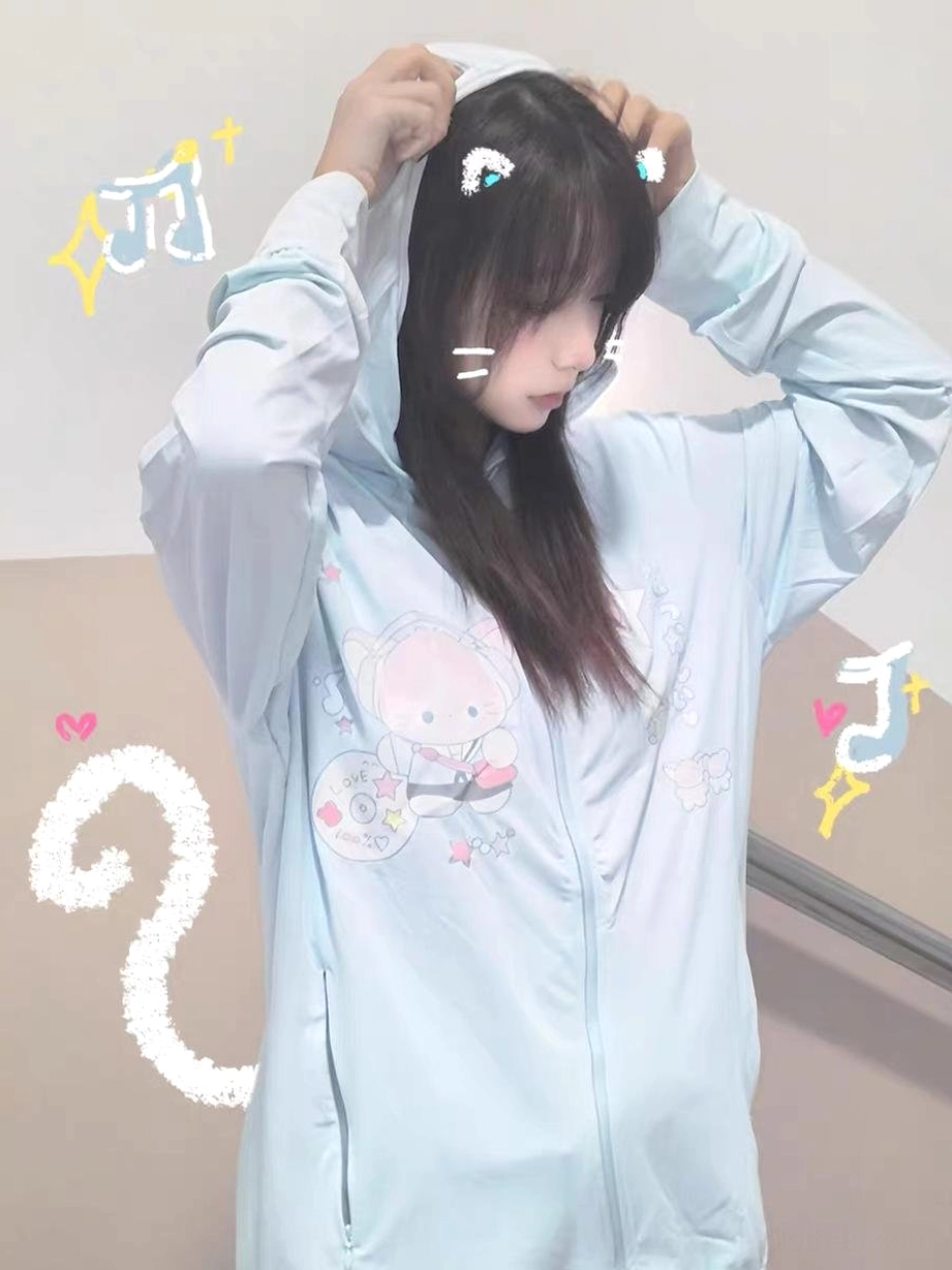 Jirai kei style kawaii sun-protective jacket water blue, featuring refined cartoon aesthetics and practical features for youthful summer fashion enthusiasts
