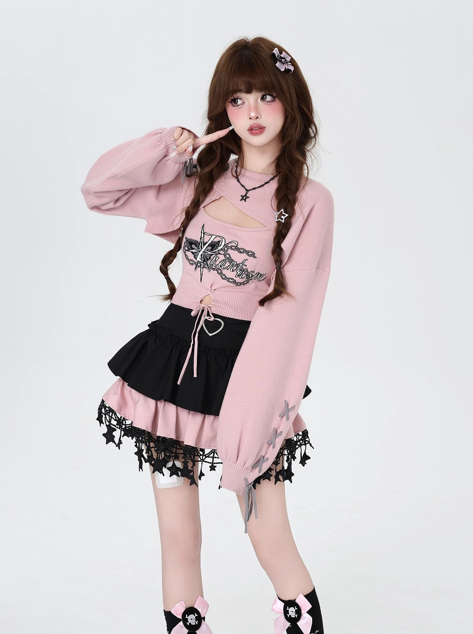 Jirai Kei two-piece knit set fabric texture closeup showing rabbit wool covering yarn premium quality