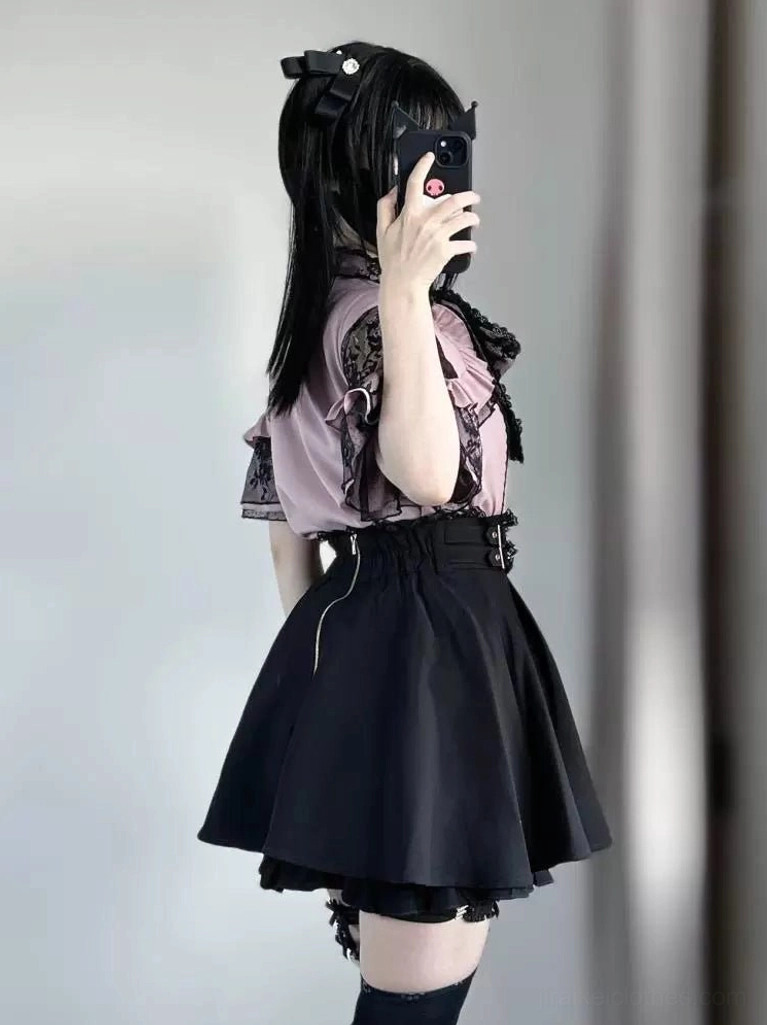 Jirai kei blouse and black mini skirt back and side half-body view showing cropped pink lace top with indoor curtain background