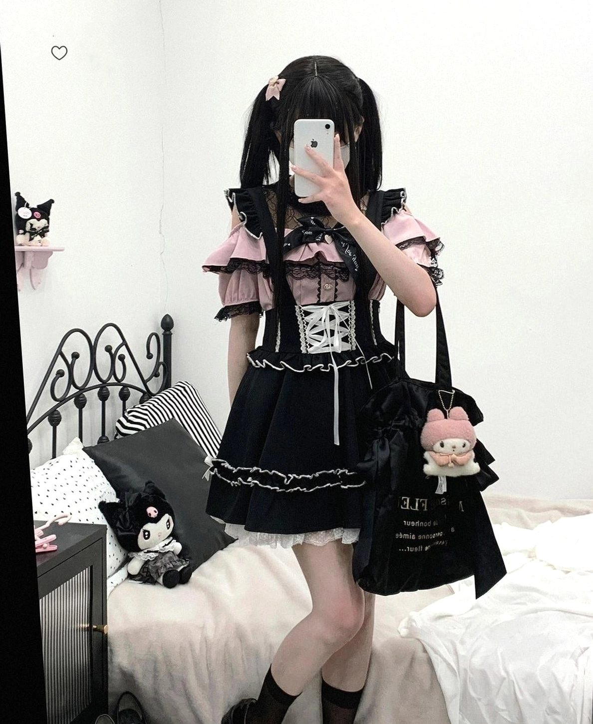 Jirai Kei cold-shoulder blouse with bow tie accessory, styled layering demonstration for Jirai Kei aesthetic