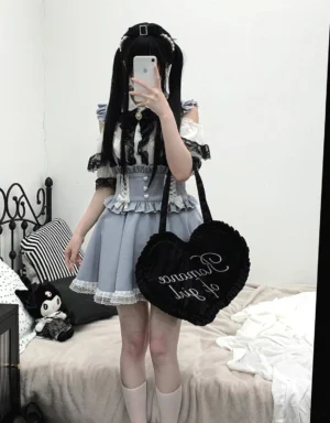 Jirai Kei lace cold-shoulder blouse with double-layer cuff design, back mirror selfie view showcasing open shoulder construction
