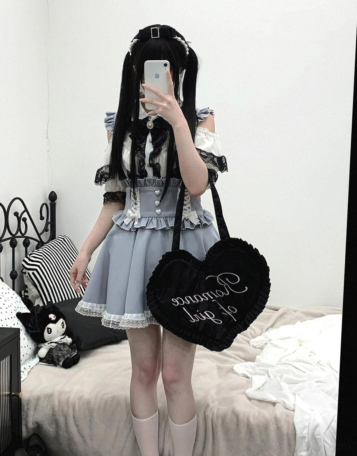 Jirai Kei lace cold-shoulder blouse with double-layer cuff design, back mirror selfie view showcasing open shoulder construction