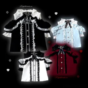 Multi-color Jirai Kei off-shoulder lace blouse with heart rhinestone buttons and ruffled sleeves displayed on black background showing all available color options