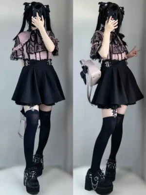 Jirai kei pink lace blouse with black skirt front and side full-body shot displaying heart rhinestone button details and ruffled sleeves