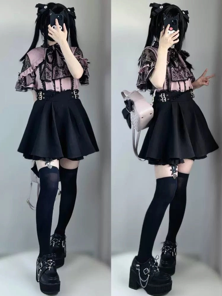 Jirai kei pink lace blouse with black skirt front and side full-body shot displaying heart rhinestone button details and ruffled sleeves