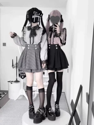 Jirai Kei lace blouse and high-waist pleated skirt complete outfit set front view two female models wearing water blue and black color options studio photography