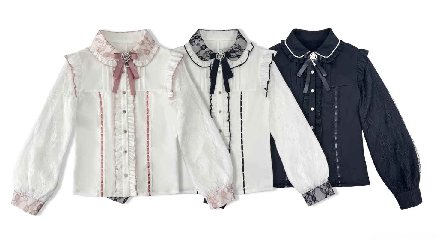 Three Jirai Kei lace blouse color variants pink white black white and all black styles side view comparison