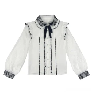 Jirai Kei lace sleeve blouse with black lace trims and bow brooch on white background flat lay front view