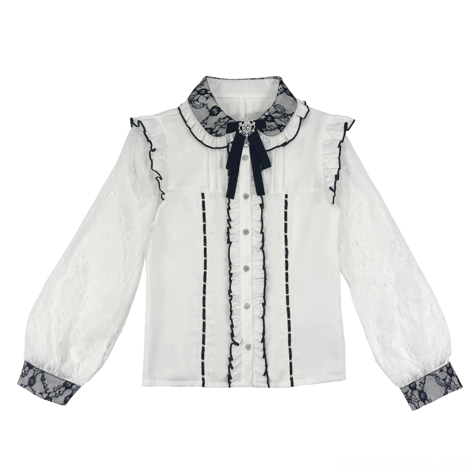 Jirai Kei lace sleeve blouse with black lace trims and bow brooch on white background flat lay front view
