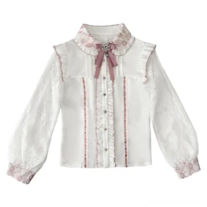Jirai Kei lace blouse white base with pink lace trims and pink bow brooch flat lay front view product shot