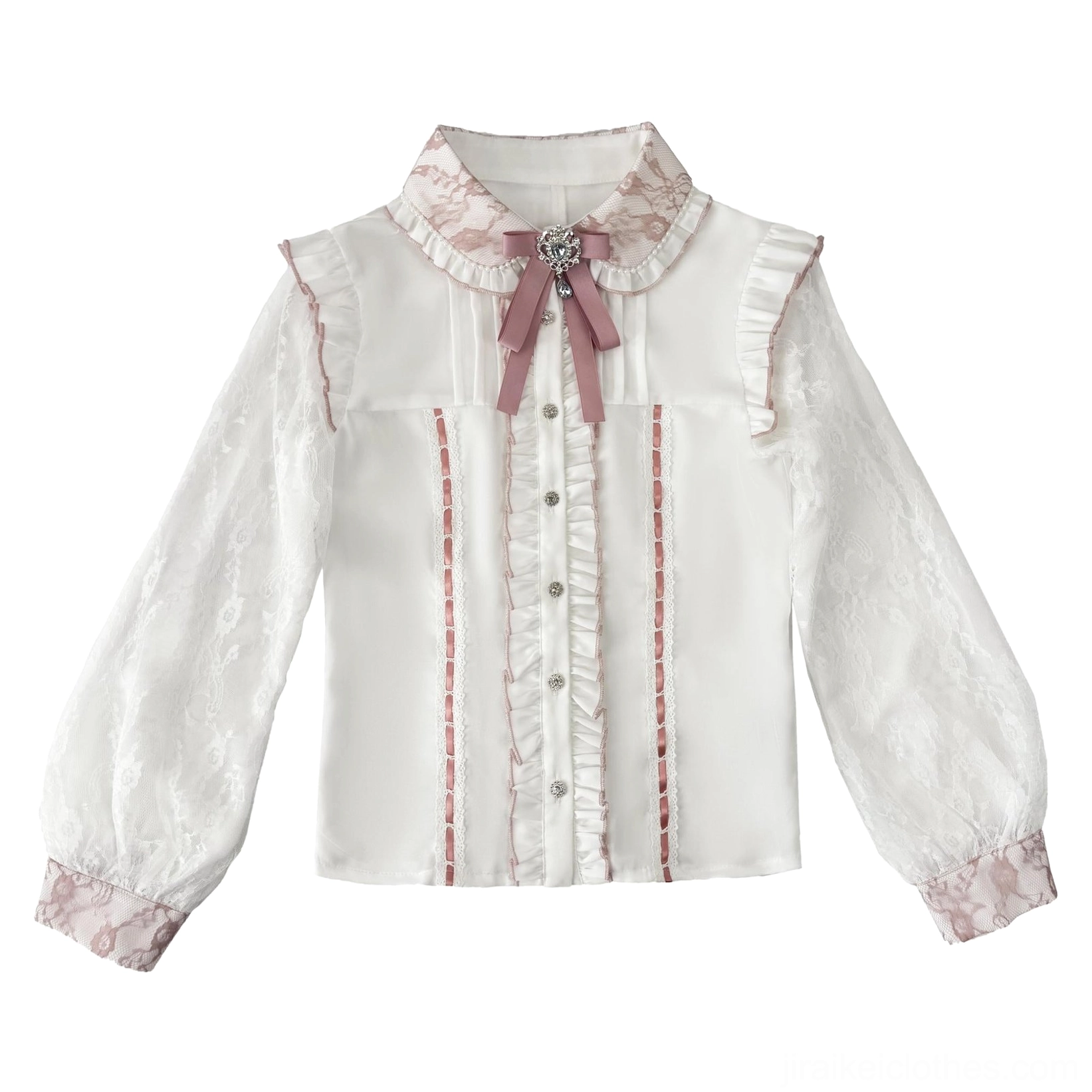 Jirai Kei lace blouse white base with pink lace trims and pink bow brooch flat lay front view product shot