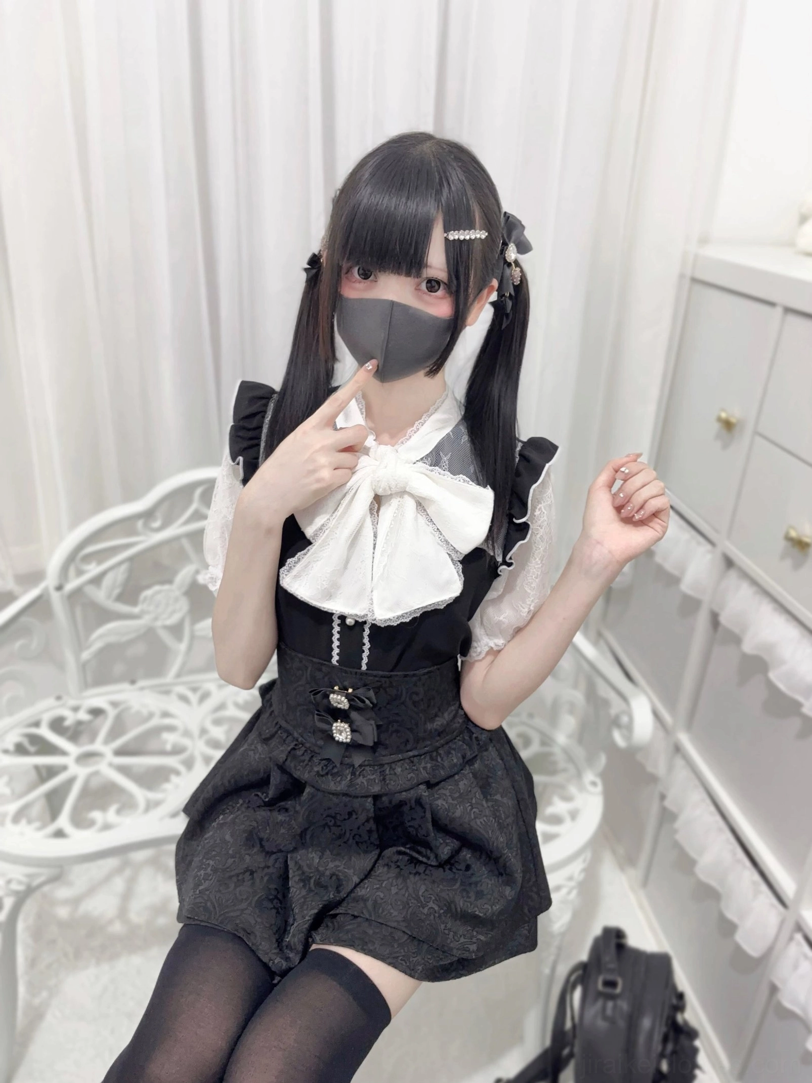 Jirai kei lace bow blouse back view construction details ruffled shoulder trim polyester fabric quality texture