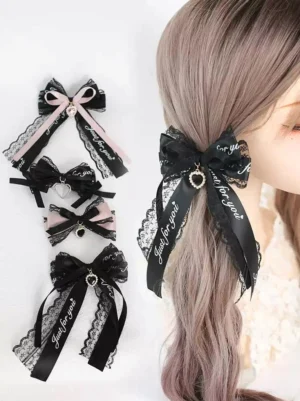 Jirai Kei bow hairpin set collection flat lay and back view showcase multiple black pink lace hair clips with rhinestone details and text embellishments