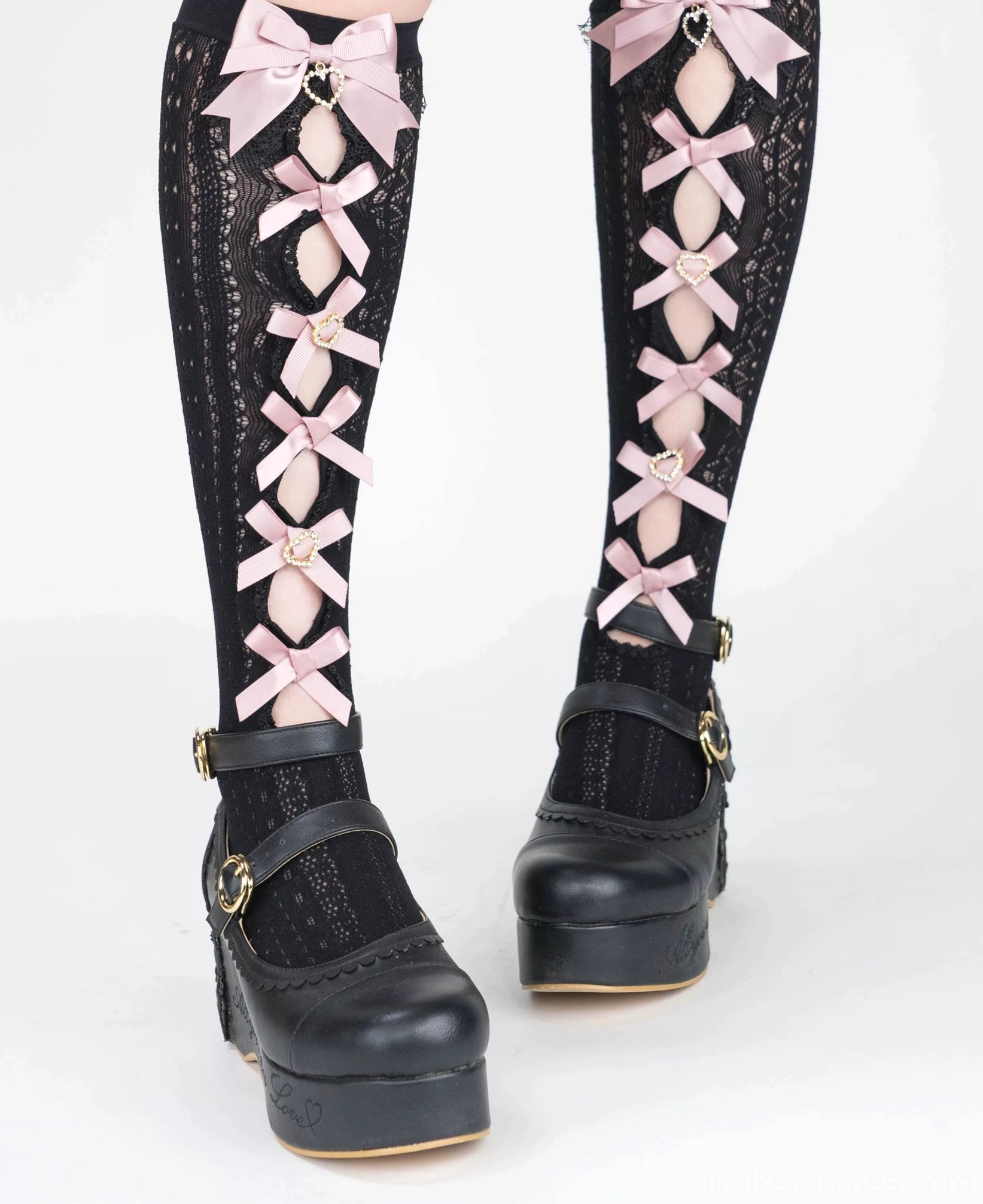 Black mid-calf Jirai Kei socks front flat leg view pink ribbon bows heart-shaped shoe buckle hardware platform Mary Jane shoes