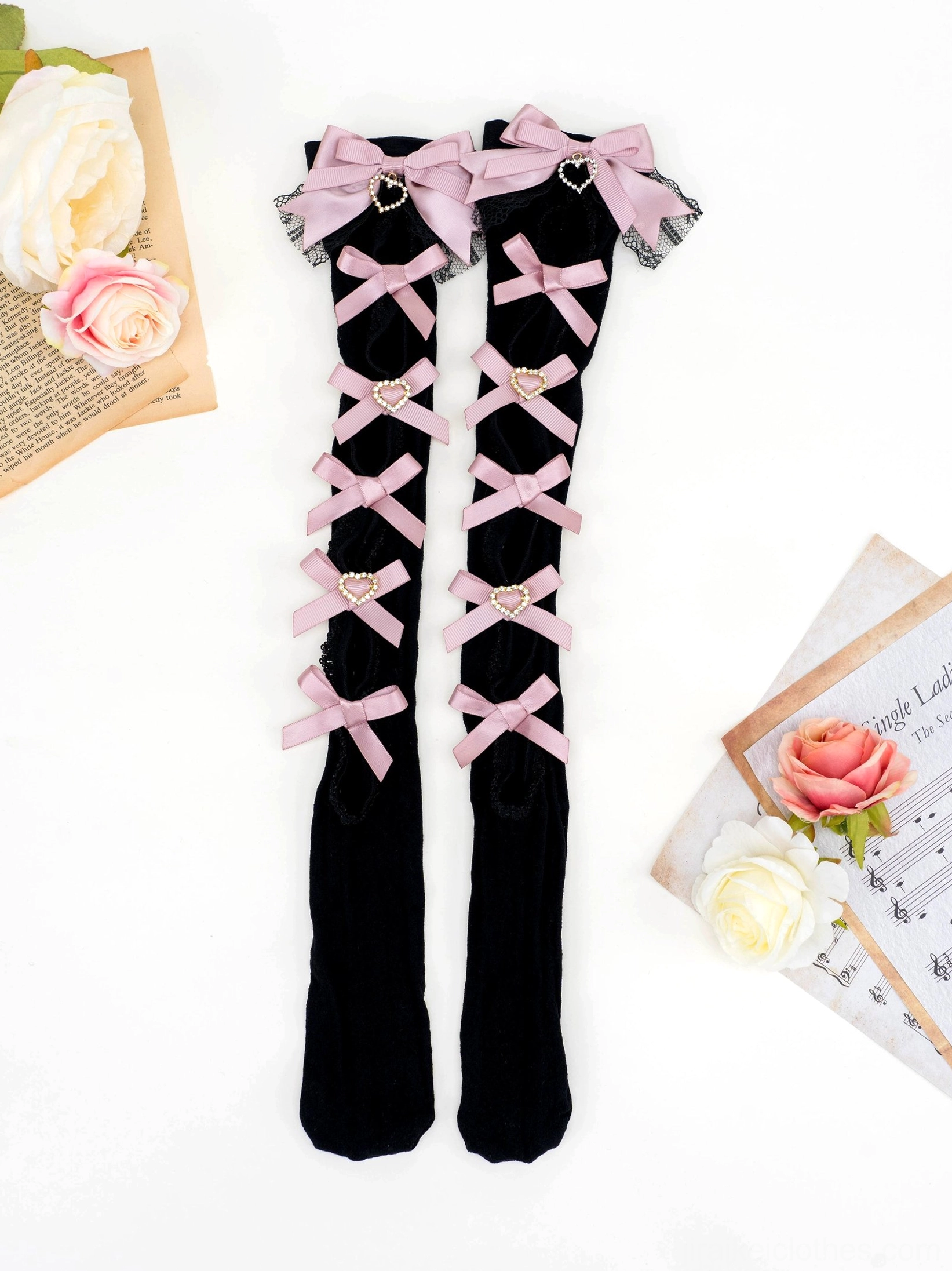 Black-pink Jirai Kei lace bow mid-calf socks variant product image featured color option ribbon bow detail