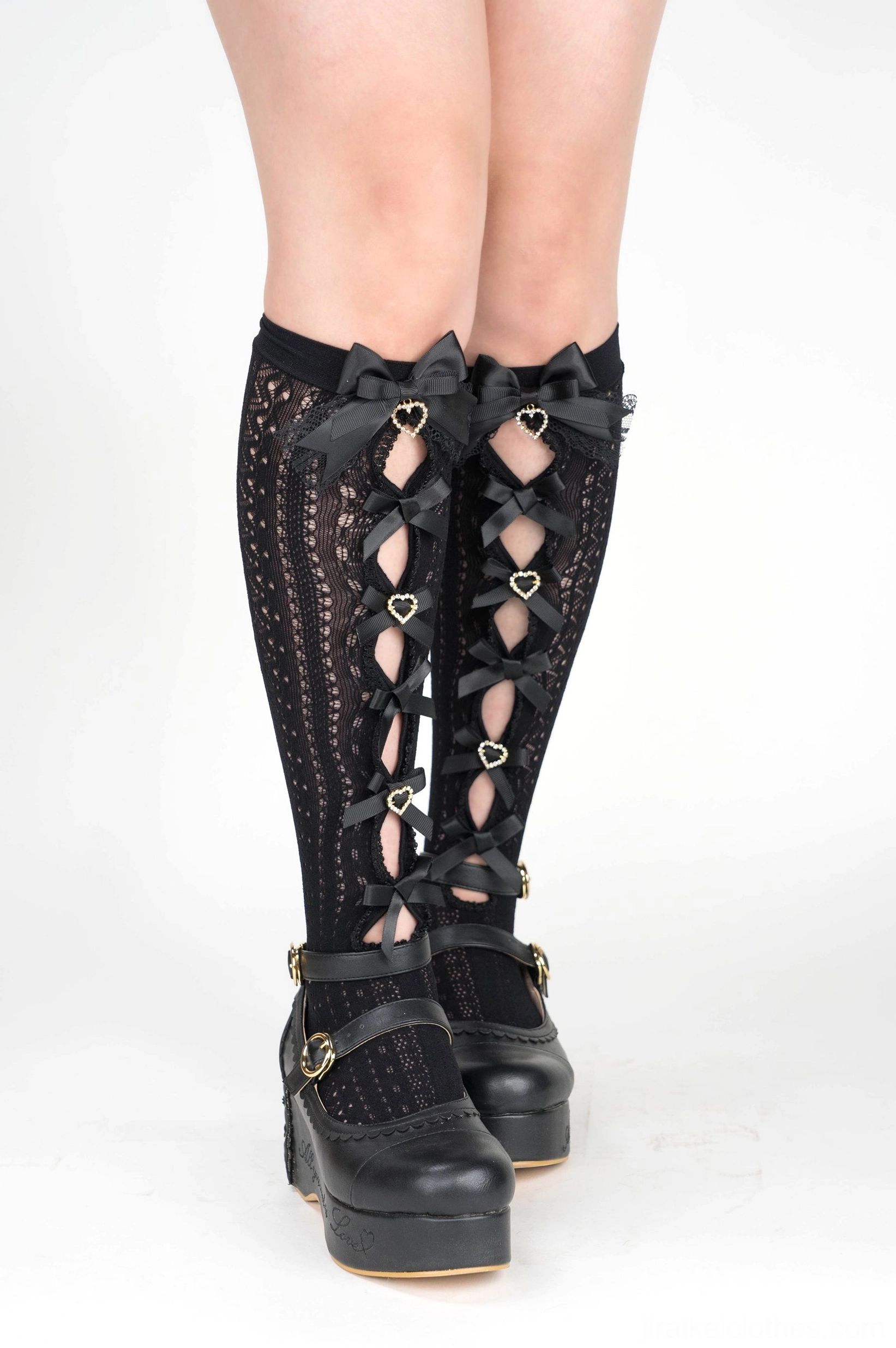 Jirai Kei lace bow socks color options black-pink black white-pink variants showing ribbon bow designs and hollow lace patterns