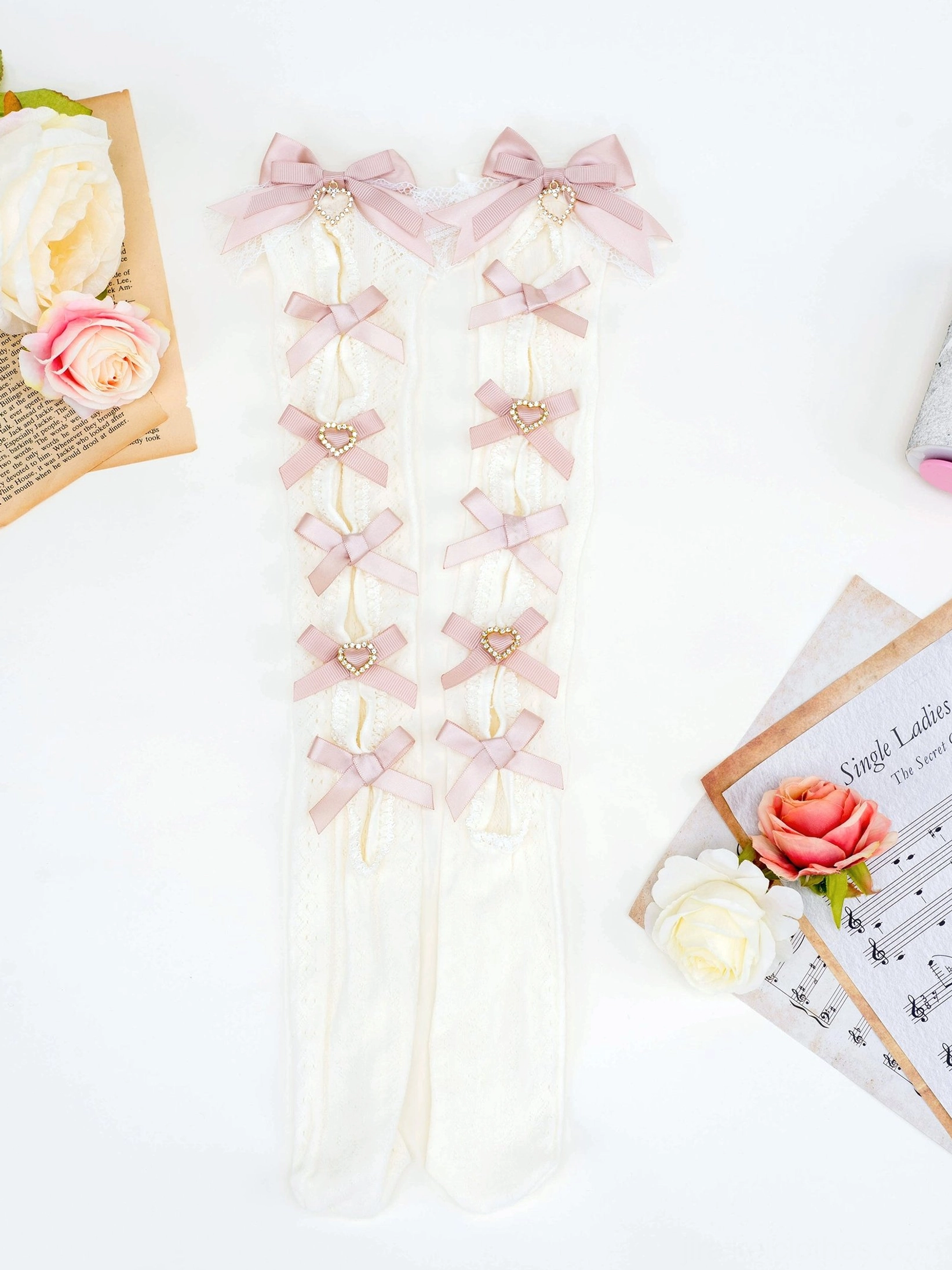 White-pink Jirai Kei lace bow mid-calf socks variant ethereal styling angel aesthetic pink ribbon bows featured