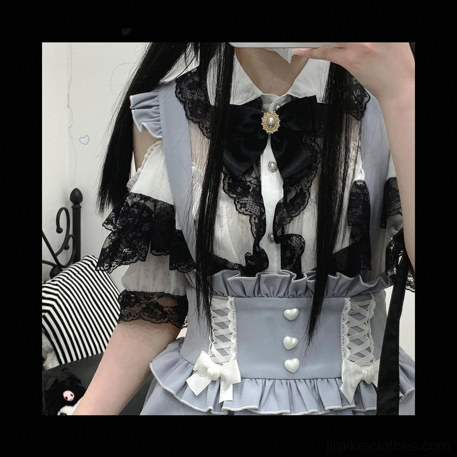 Jirai Kei lace cold-shoulder blouse full length styling, complete outfit view with bow tie and layering, bedroom setting