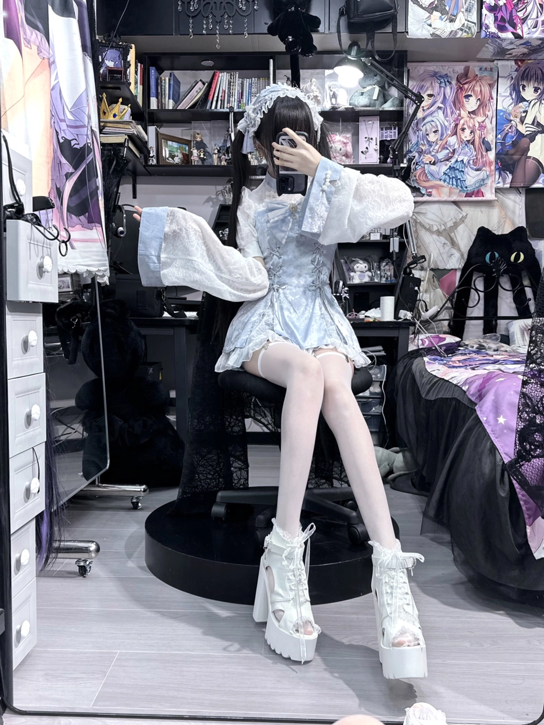 Jirai Kei dress set full length mirror selfie styling with light blue lace dress white platform boots thigh-high stockings anime room backdrop