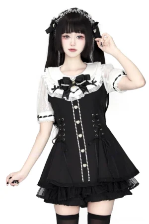 Jirai Kei lace-sleeved dress with elastic shorts set front full-body view model wearing black dress with pearl button trim and ruffled hem