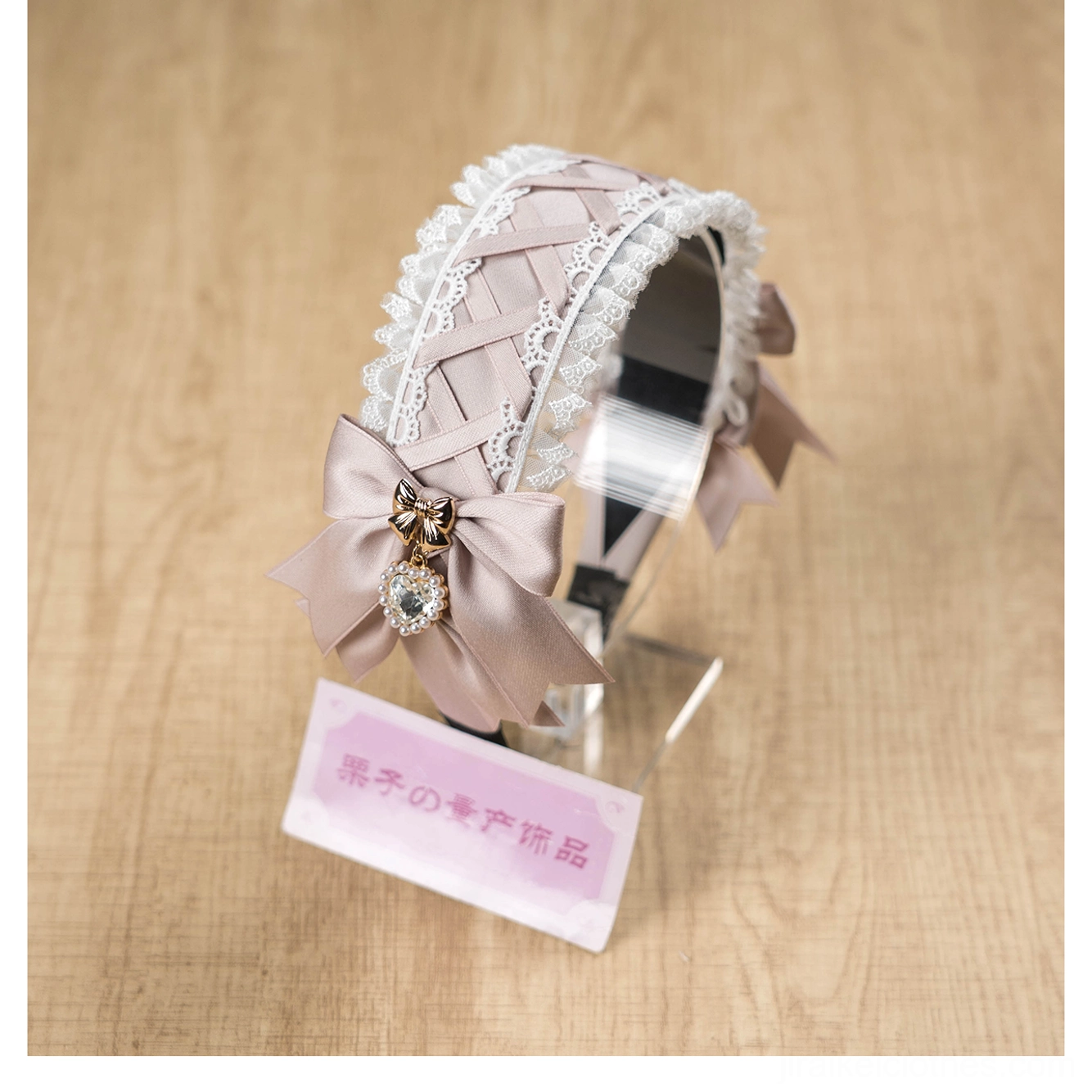Multiple color variations of Jirai Kei lace headbands arranged to display all five color options including white, white-pink, gray-blue, purple, and black with matching rhinestone accessories