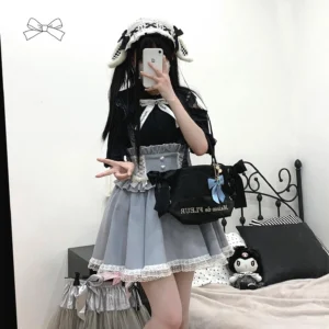 Black and grey jirai kei lace off-shoulder blouse with ruffled cuffs worn with matching skirt and hair bonnet bedroom mirror selfie