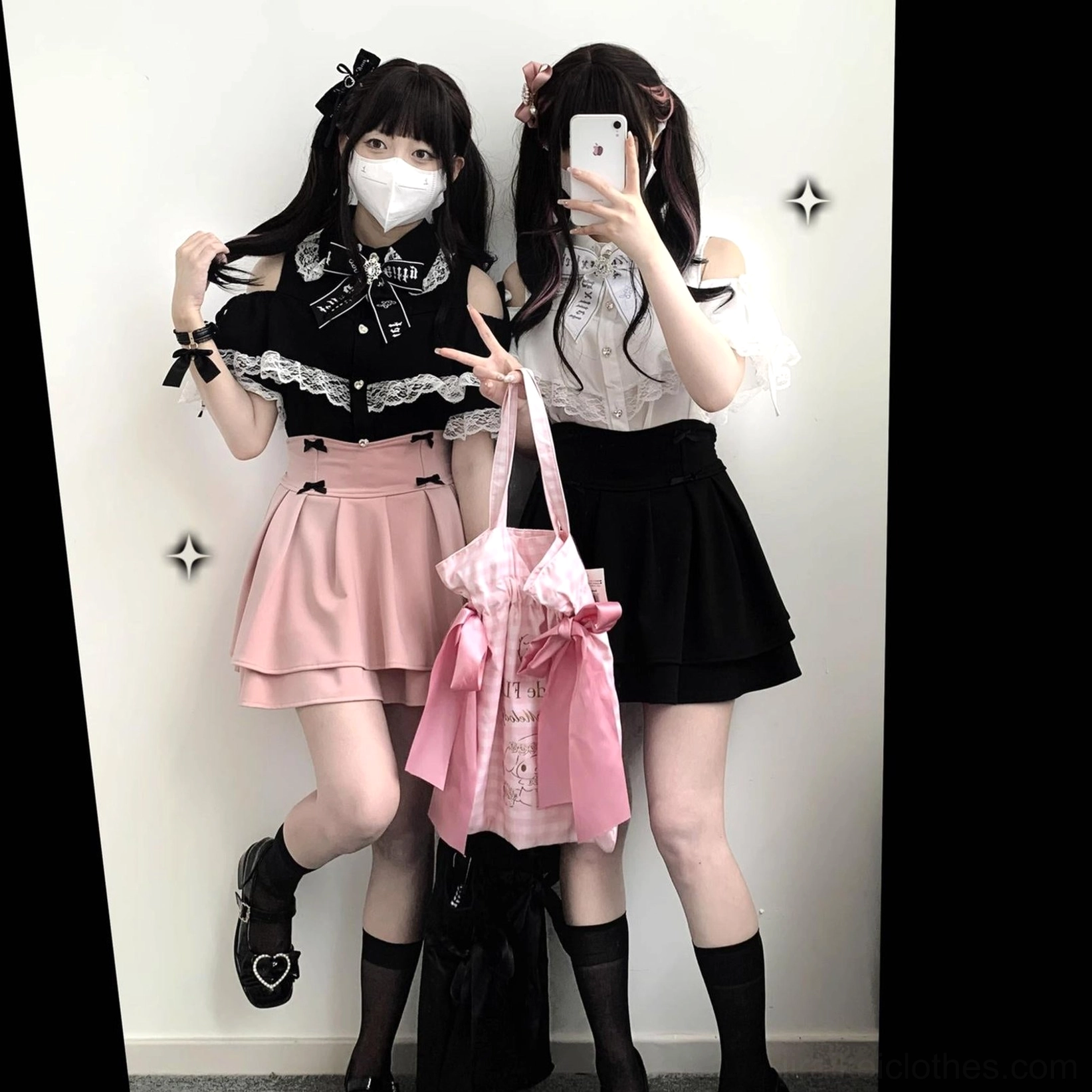 Black and white lace off-shoulder Jirai Kei blouses color options comparison showing both color variants available