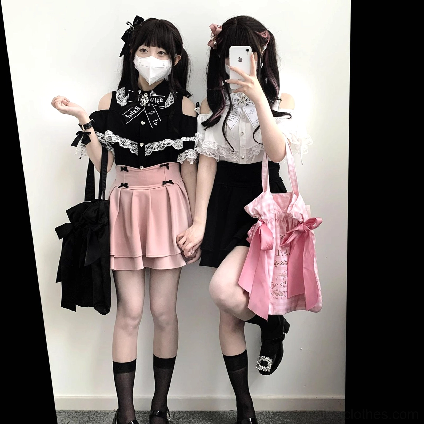 Jirai Kei lace off-shoulder blouse styled with multiple accessories showing complete aesthetic styling inspiration