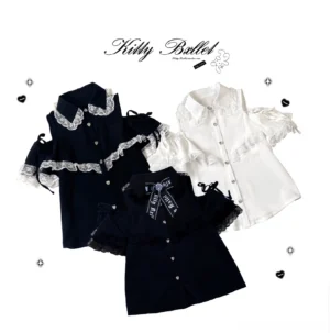 Jirai Kei lace off-shoulder blouse with heart buttons displayed flat lay on white background showing front design and detailing
