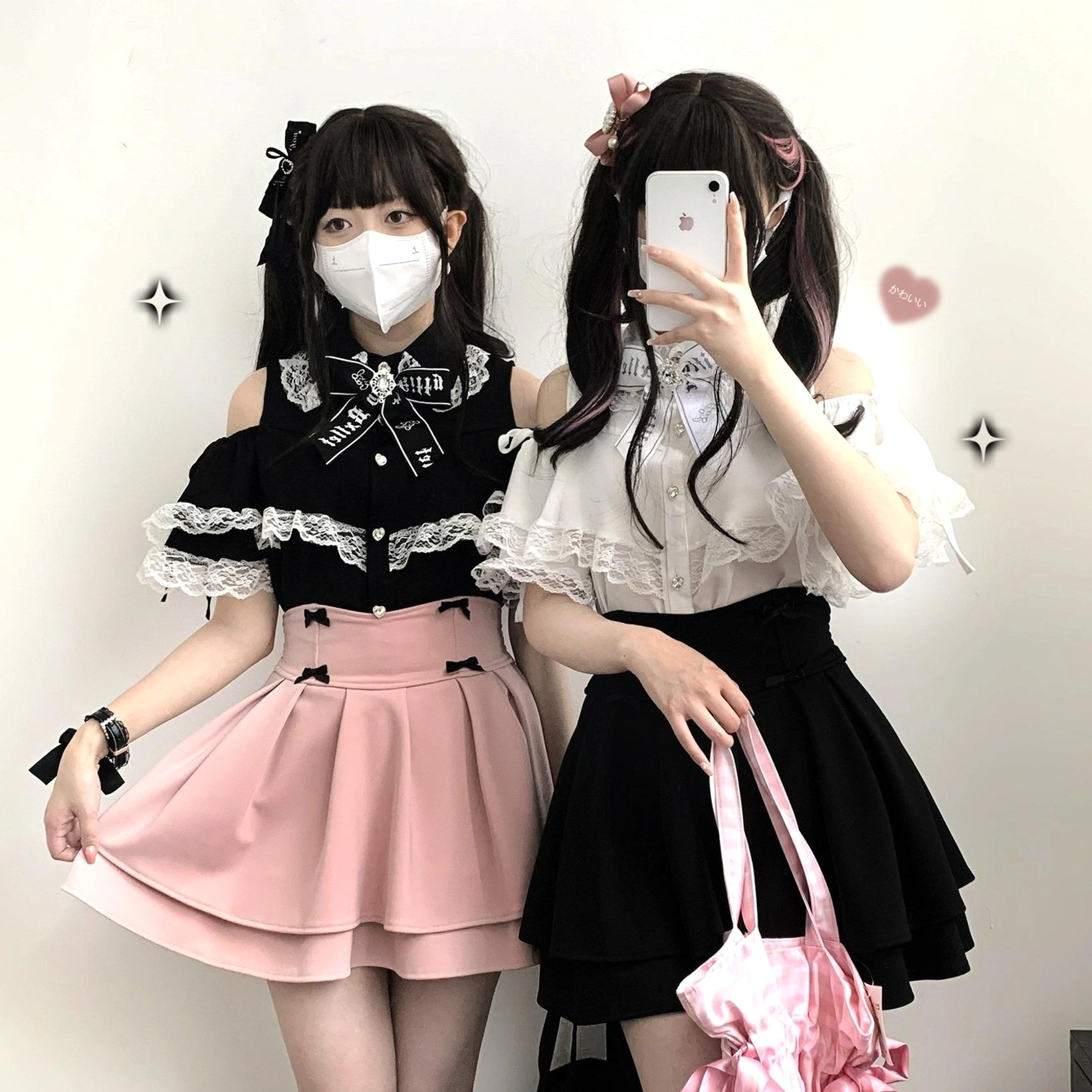 Jirai Kei lace off-shoulder blouse with heart buttons paired with Jirai Kei aesthetic fashion accessories