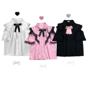 Three jirai kei lace off-shoulder blouses in pink white and black with ruffled cuffs and floral buttons flat lay display
