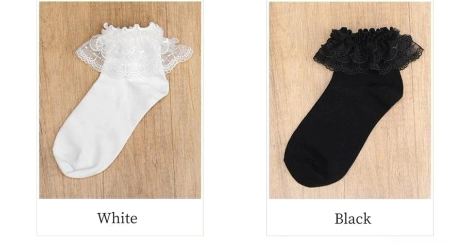 Jirai Kei lace ruffle socks product lifestyle image angel wings cross embroidery Tenshi aesthetic Kawaii fashion styling