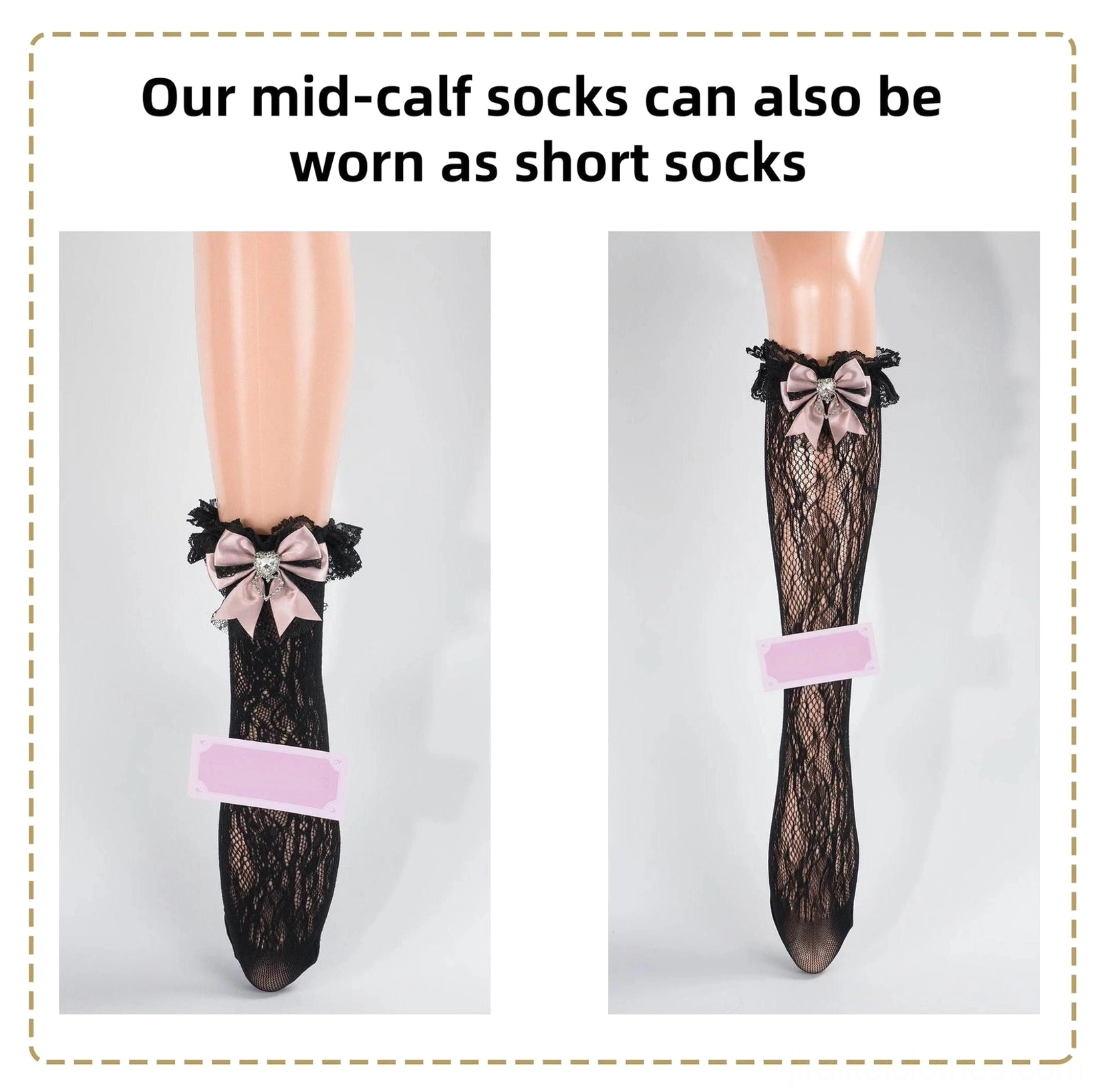 Jirai Kei lace socks collection display showing multiple color variations with heart rhinestone bows and ruffled lace cuffs