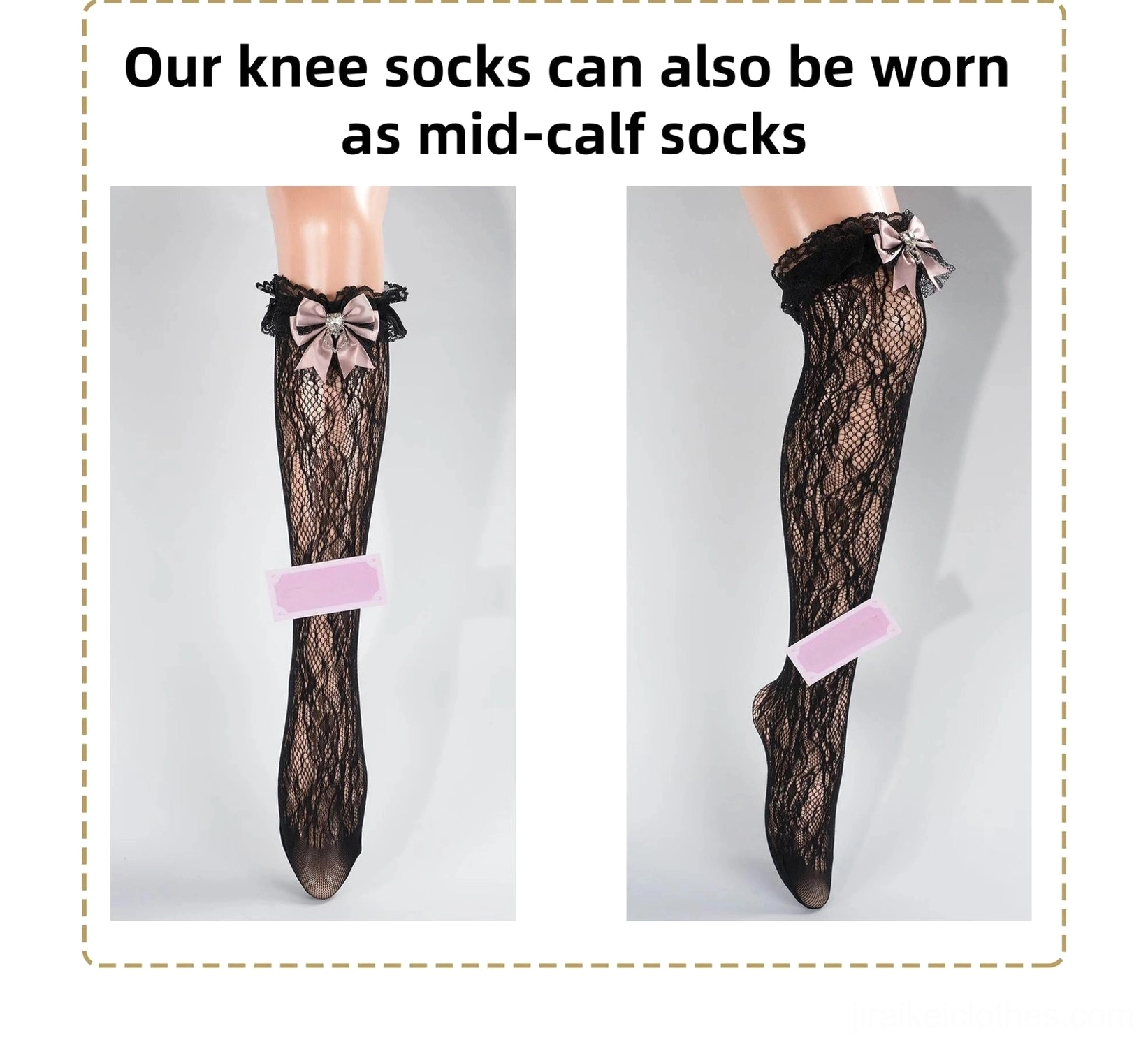 Jirai Kei lace socks styling inspiration featuring heart rhinestone bows, ruffled lace detailing, and color palette options